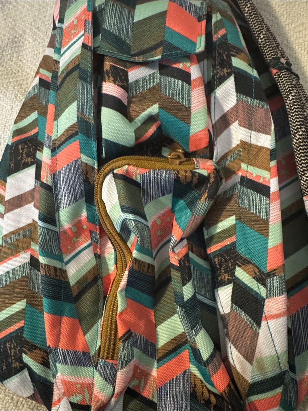 Kavu Teal Multi Chevron Sling Bag with Coral and Brown Accents - Picture 4 of 5
